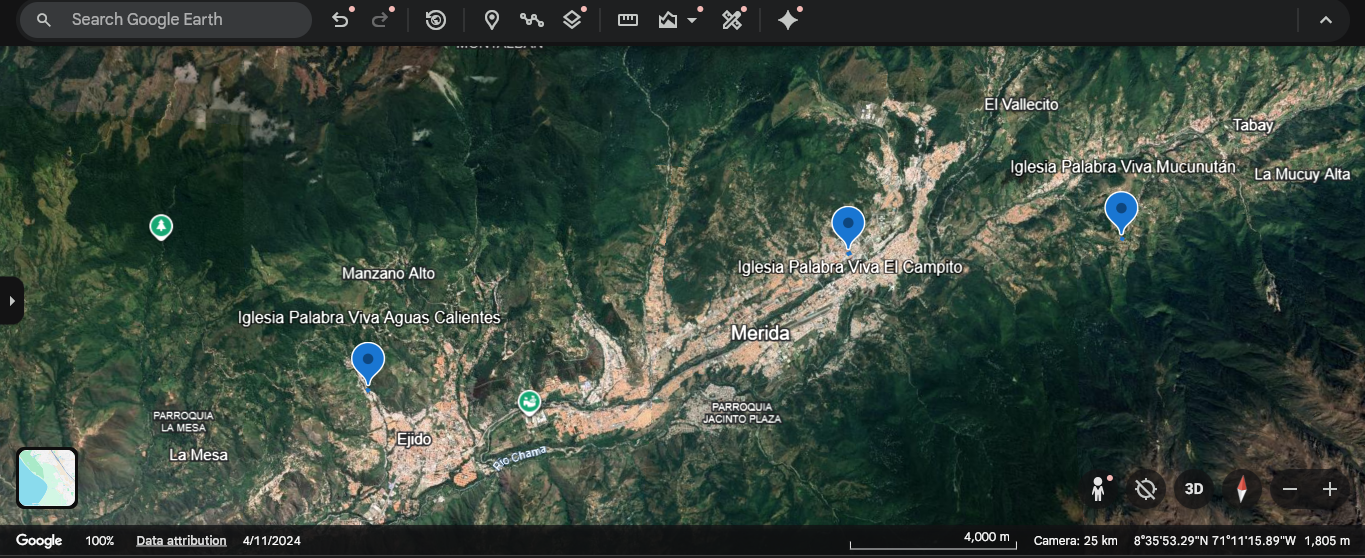 Mapa de las tres iglesias Palabra Viva en el estado Mérida: Ejido, El Campito y Mucunután.