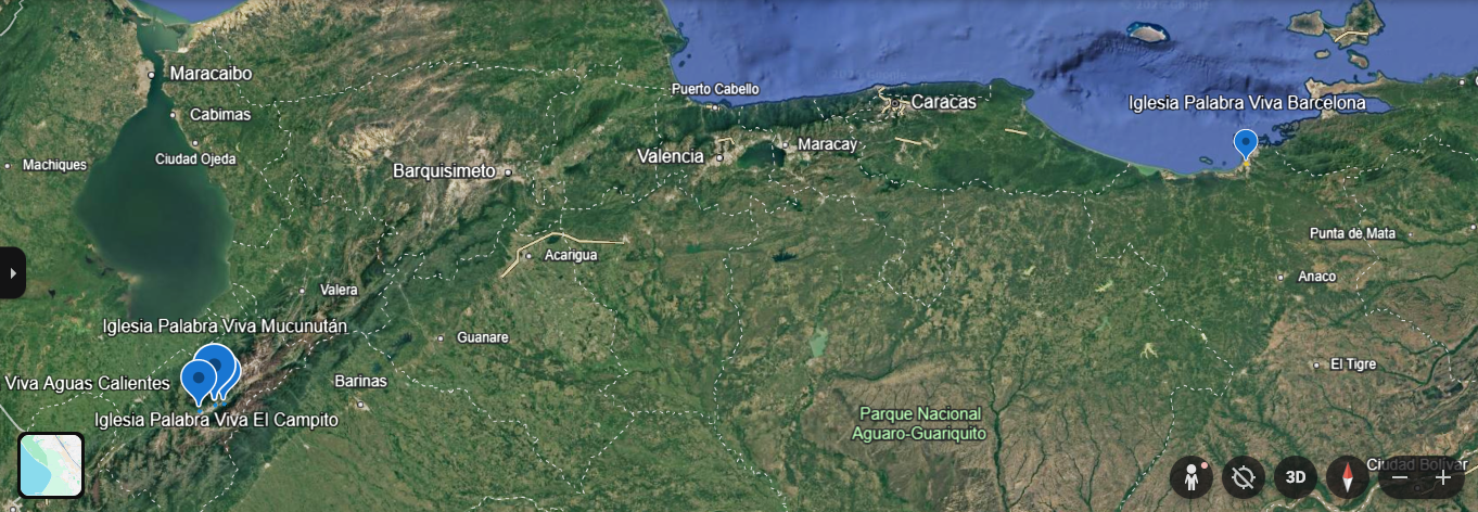 Mapa de las iglesias Palabra Viva en Venezuela, con sedes en Mérida y Barcelona.